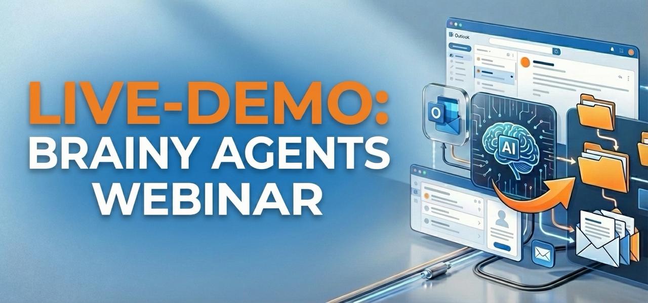 Banner zur Live-Demo des Brainy Agents Webinars: KI-Agents managen E-Mails und Dateien. Laptop mit E-Mail-Apps, Ordnern und AI-Symbolen auf blau-orangeem Hintergrund.