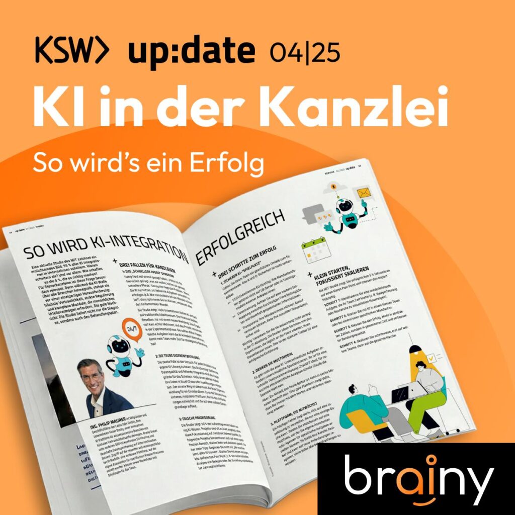 Werbebanner mit orangeem Design für "KSW up:date 04/25: KI in der Kanzlei – So wird's ein Erfolg". Offene Zeitschrift-Seite "SO WIRD KI-INTEGRATION ERFOLGREICH" mit Artikeln, Robotern, Mann in Anzug vor KI-Symbol und Frau am Laptop. Branding "brainy" von abrainy.com.